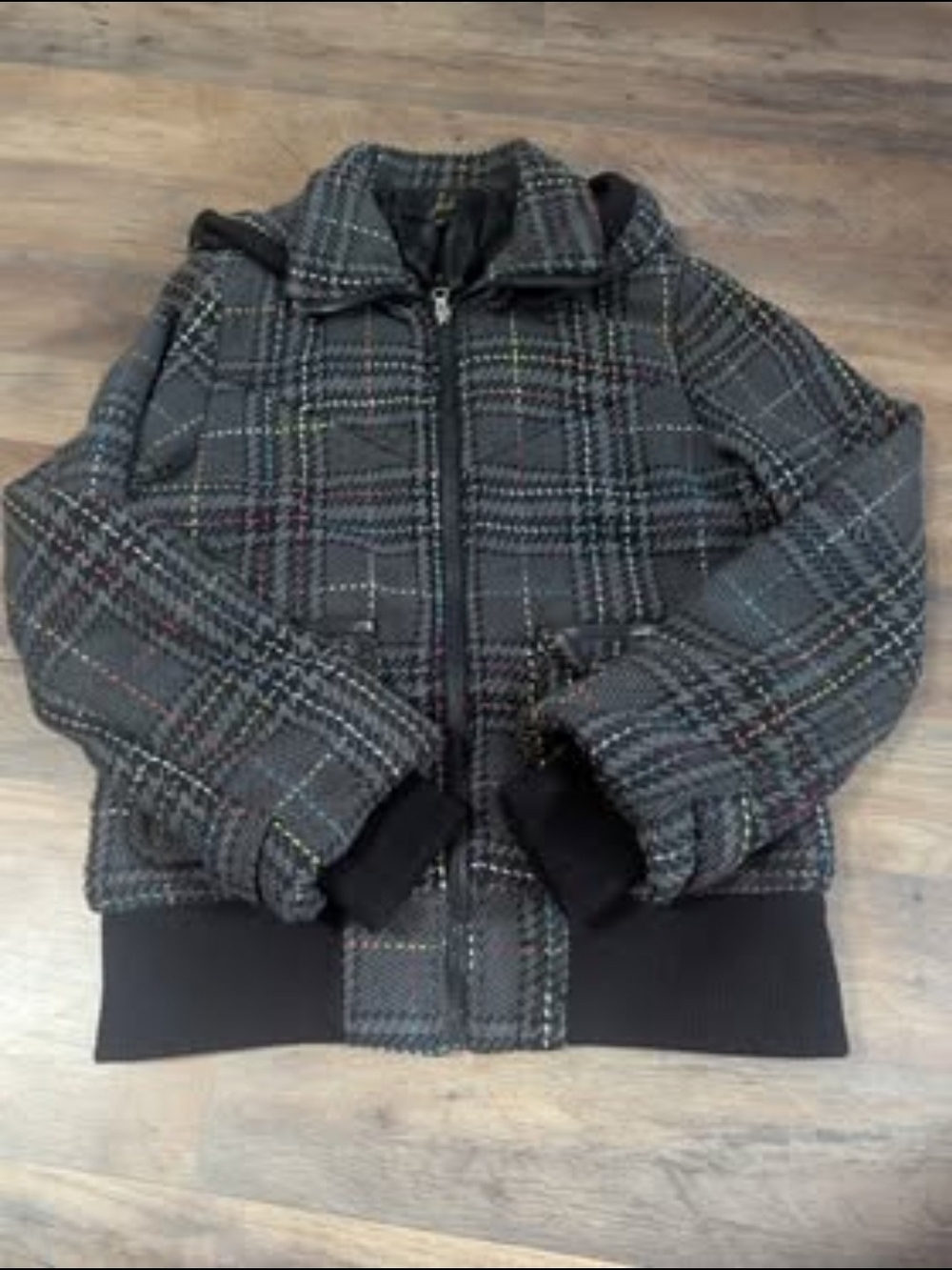 Jack by BB Dakota Vintage Y2K Plaid Hooded Bomber Jacket Gray Multi L